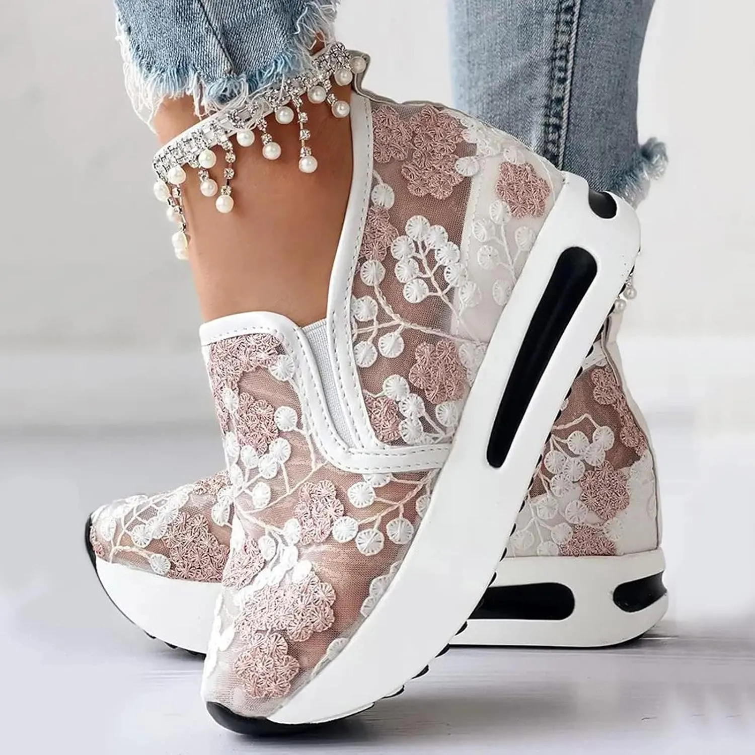 Floral Embroidery Sheer Mesh Lace Sneakers,Fashion Dressy Sneakers for Women,Casual Shoes Breathable Loafers Sneakers Platform,Walking Shoes Women Arch Support Slip On Sneakers