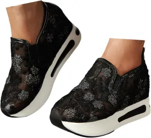 Floral Embroidery Sheer Mesh Lace Sneakers,Fashion Dressy Sneakers for Women,Casual Shoes Breathable Loafers Sneakers Platform,Walking Shoes Women Arch Support Slip On Sneakers
