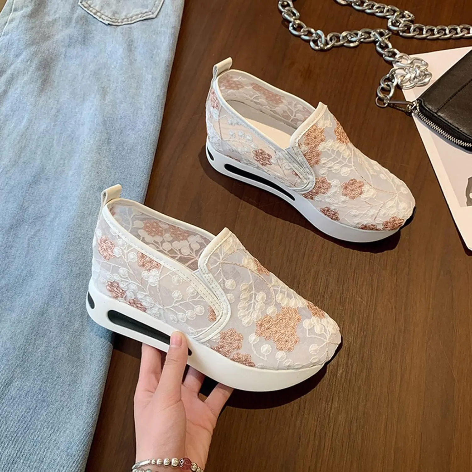 Floral Embroidery Sheer Mesh Lace Sneakers,Fashion Dressy Sneakers for Women,Casual Shoes Breathable Loafers Sneakers Platform,Walking Shoes Women Arch Support Slip On Sneakers
