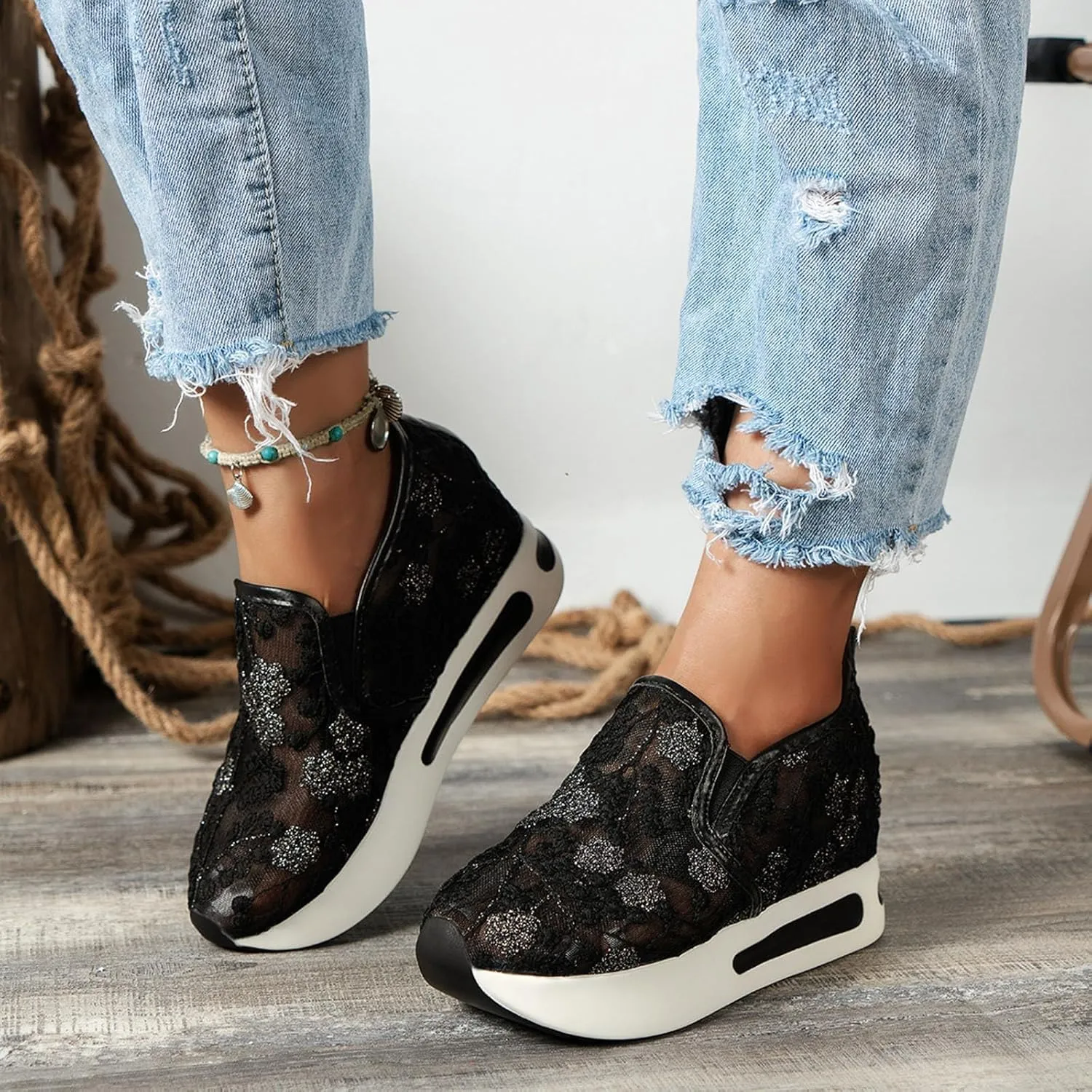 Floral Embroidery Sheer Mesh Lace Sneakers,Fashion Dressy Sneakers for Women,Casual Shoes Breathable Loafers Sneakers Platform,Walking Shoes Women Arch Support Slip On Sneakers