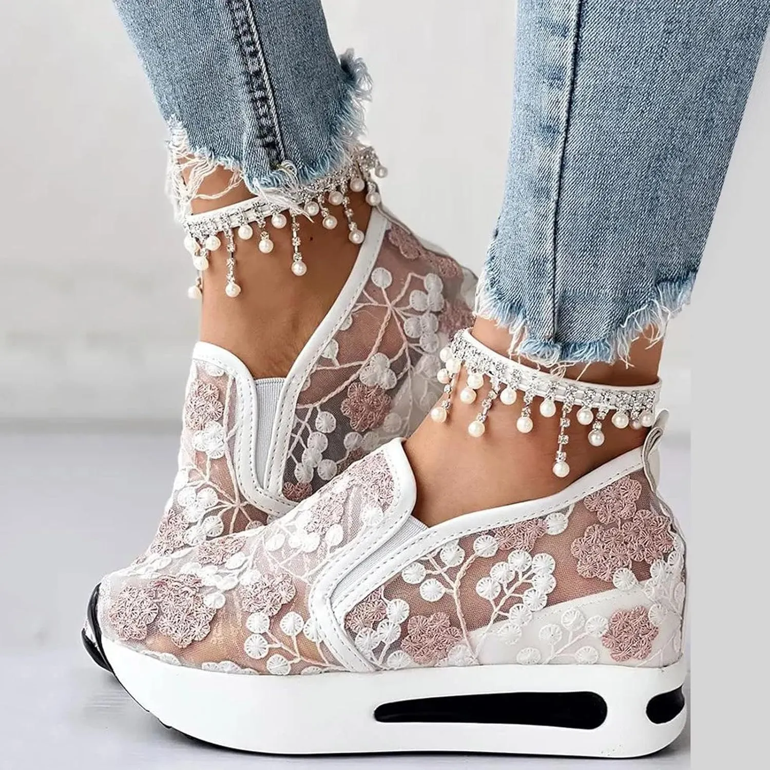 Floral Embroidery Sheer Mesh Lace Sneakers,Fashion Dressy Sneakers for Women,Casual Shoes Breathable Loafers Sneakers Platform,Walking Shoes Women Arch Support Slip On Sneakers