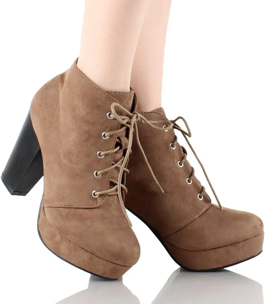 Forever Camille-86 Women's Comfort Stacked Chunky Heel Lace Up Ankle Booties