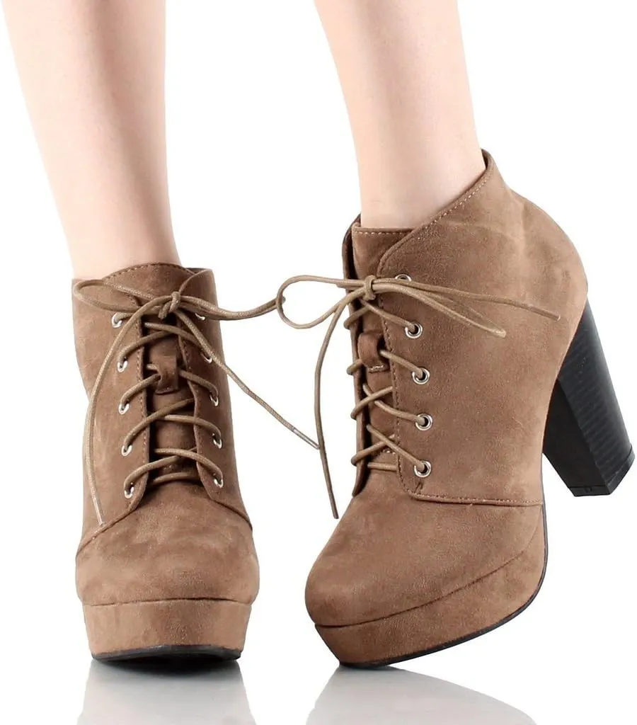 Forever Camille-86 Women's Comfort Stacked Chunky Heel Lace Up Ankle Booties
