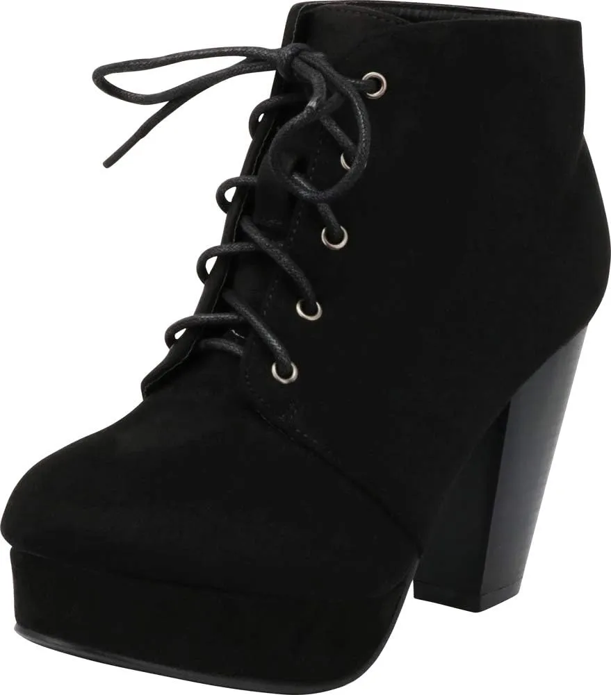 Forever Camille-86 Women's Comfort Stacked Chunky Heel Lace Up Ankle Booties