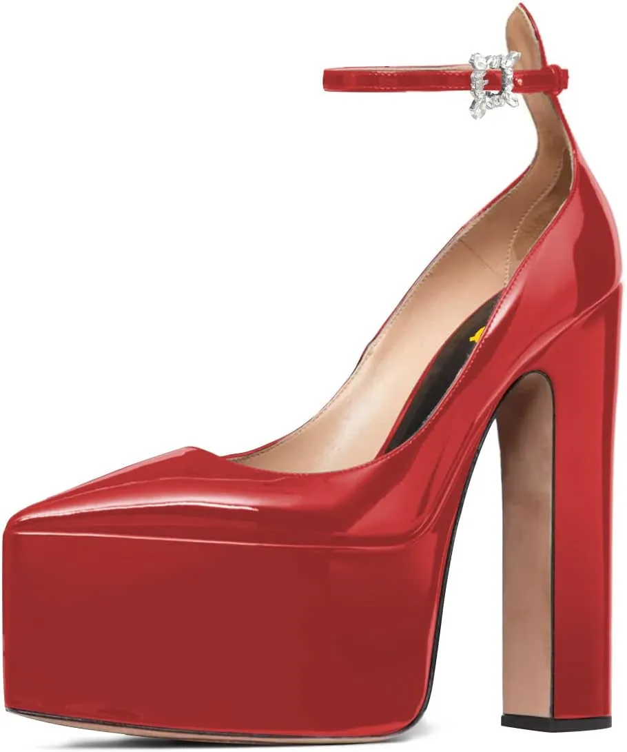FSJ Women Pointed Toe Chunky Heel Ankle Strap Pumps High Platform Block Heel with Rhinestone Buckle Shoes Size 4-15 US