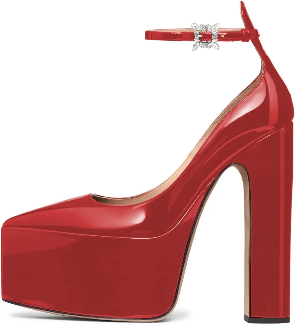 FSJ Women Pointed Toe Chunky Heel Ankle Strap Pumps High Platform Block Heel with Rhinestone Buckle Shoes Size 4-15 US