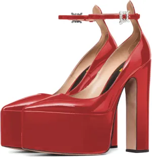 FSJ Women Pointed Toe Chunky Heel Ankle Strap Pumps High Platform Block Heel with Rhinestone Buckle Shoes Size 4-15 US