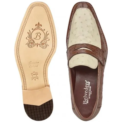Genuine Ostrich Quill Penny Loafers - Belvedere Espada Tabac Bone Men's Dress Shoes