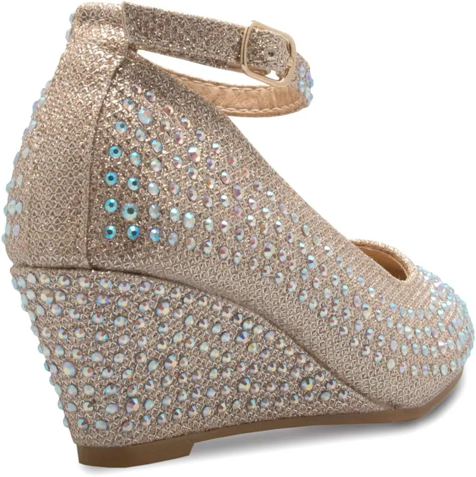 Girls Close Round Toe Glitter Rhinestone Comfort Kitten Low Wedge