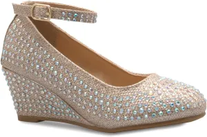 Girls Close Round Toe Glitter Rhinestone Comfort Kitten Low Wedge