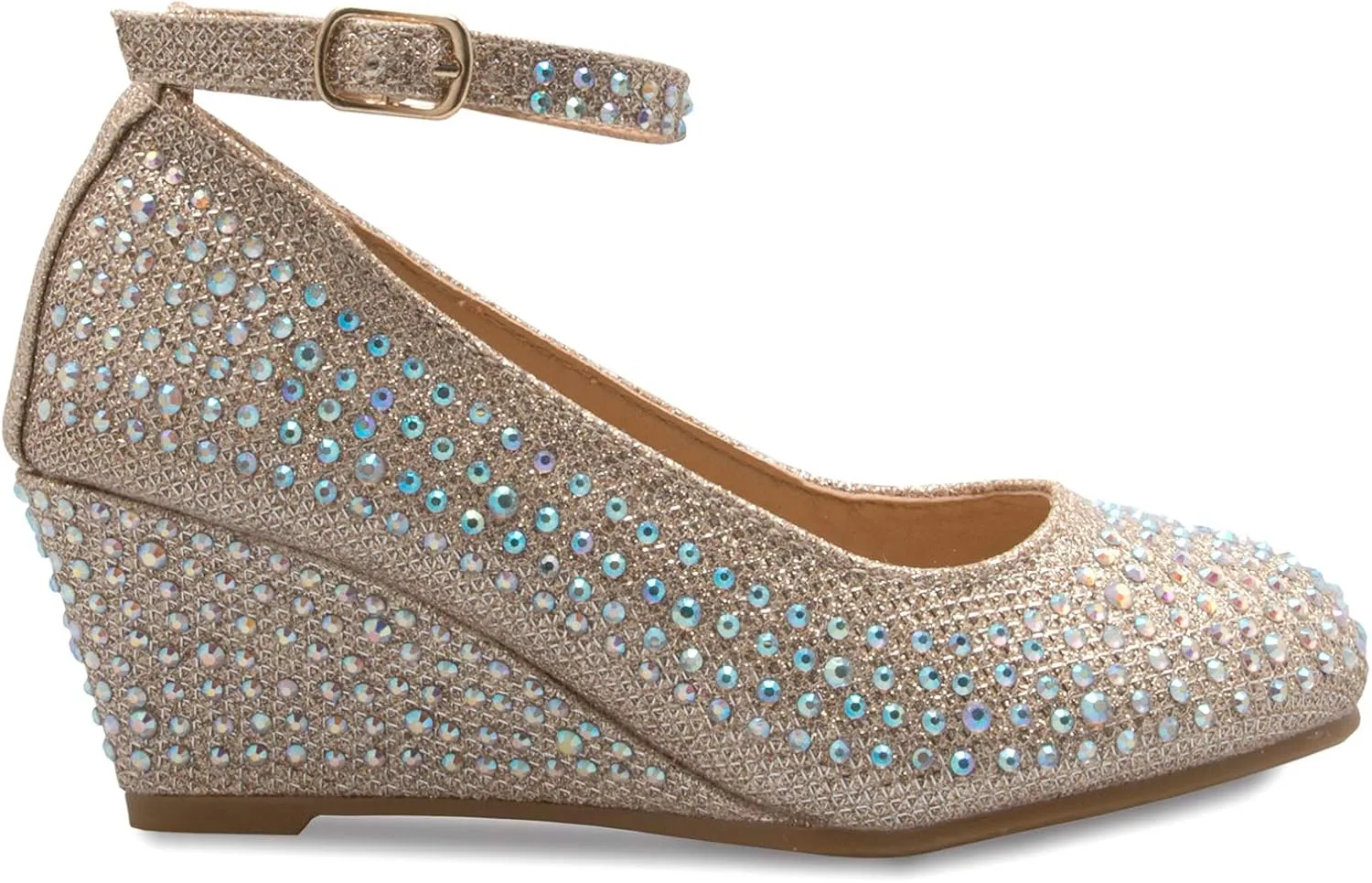 Girls Close Round Toe Glitter Rhinestone Comfort Kitten Low Wedge