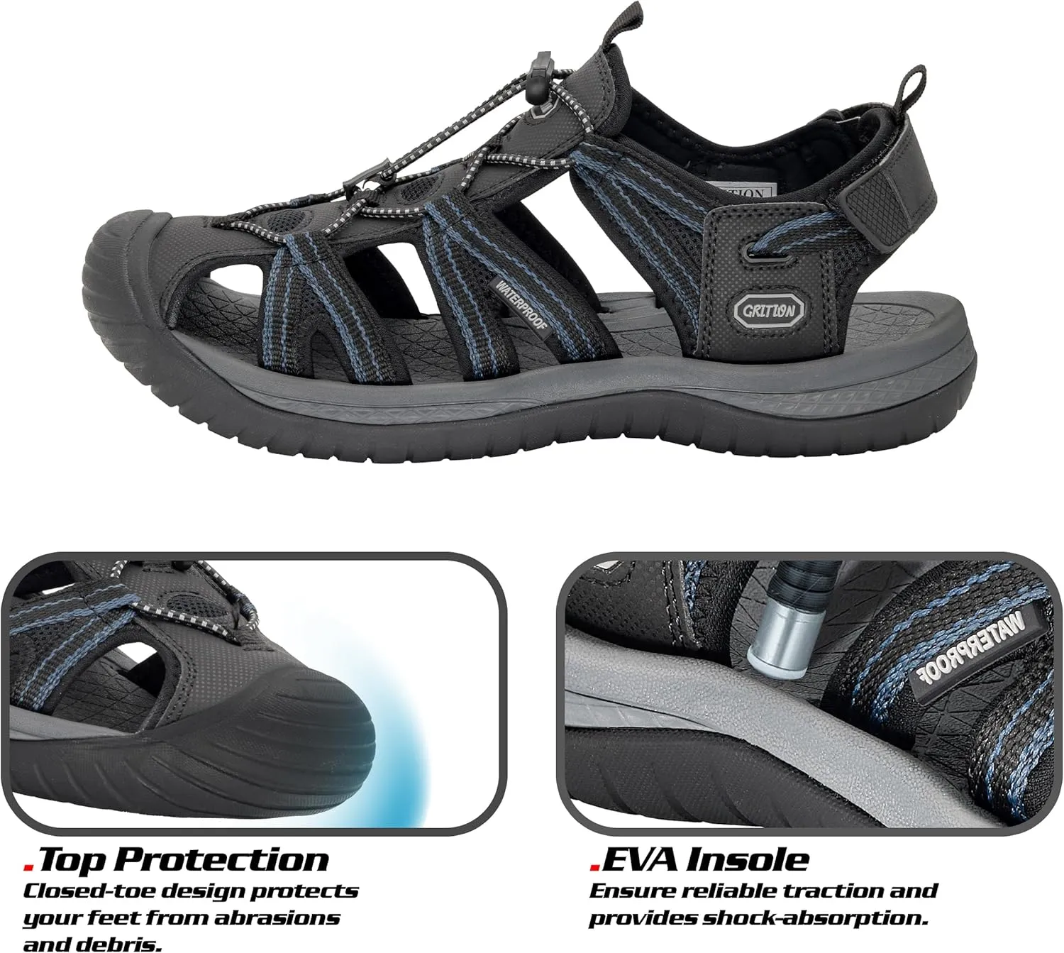 GRITION Mens Outdoor Hiking Sandals Summer Beach Closed Toe Water Sandal Waterproof Comfortable Fisherman Adventures Sport Athletic Walking Traveling Shoes Sandles