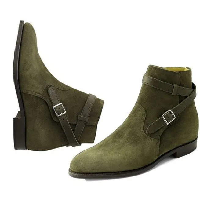 Handmade Men's Green Suede Jodhpurs Ankle Boots