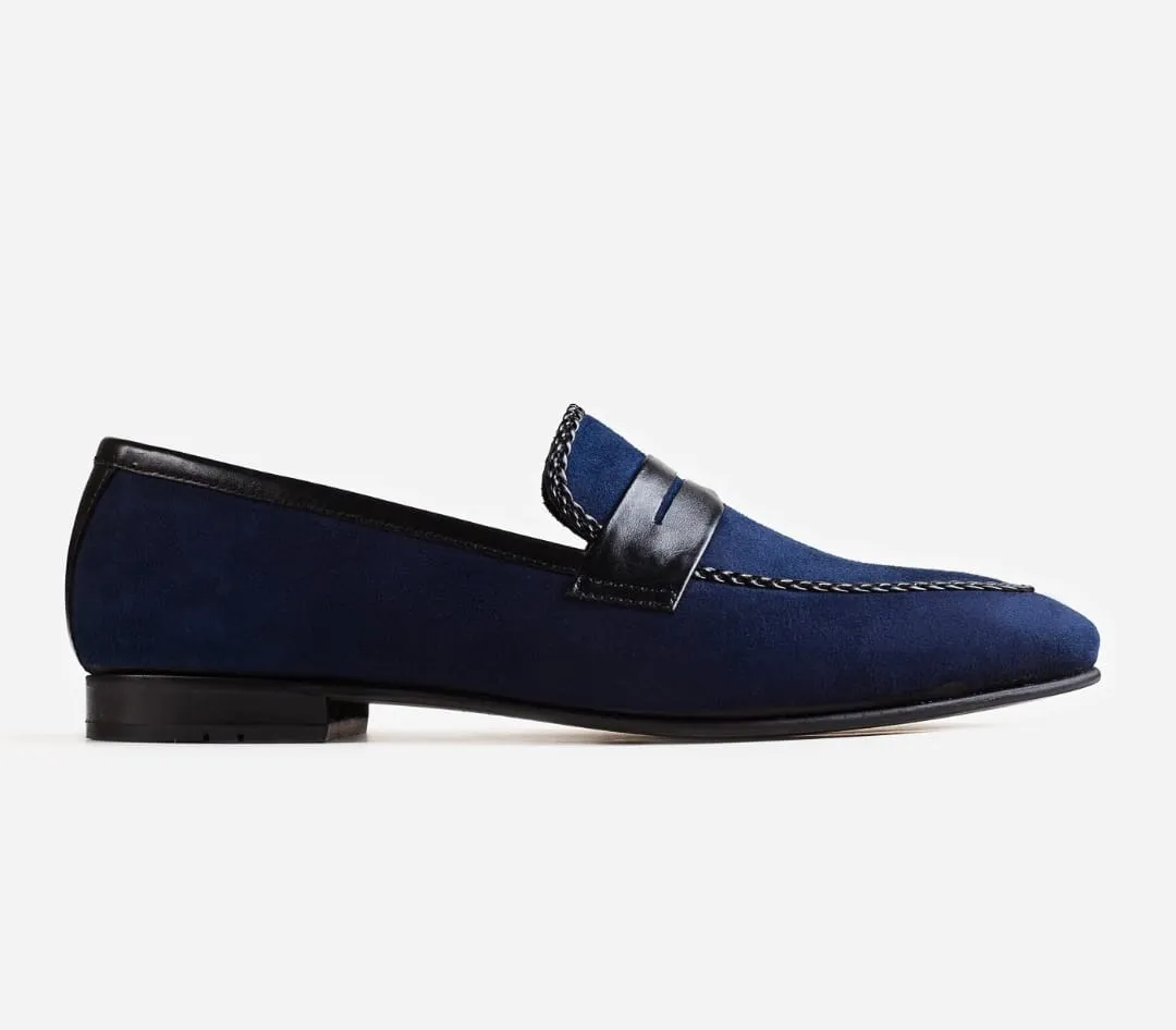 Handmade Navy Blue Suede Loafers for Men