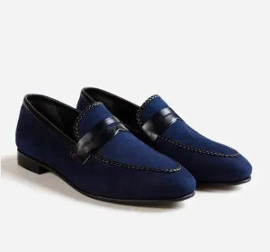 Handmade Navy Blue Suede Loafers for Men