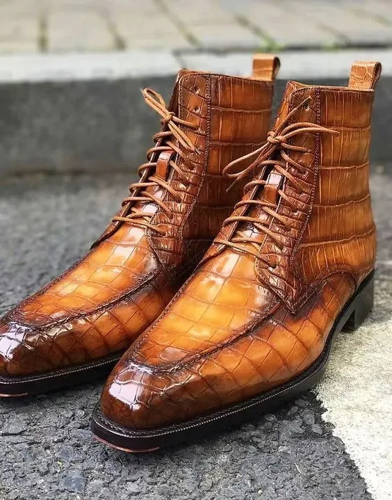 Handmade Tan Brown Crocodile Leather Ankle Boots for Men