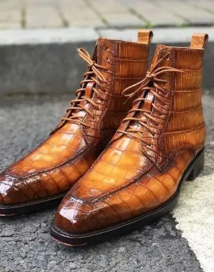 Handmade Tan Brown Crocodile Leather Ankle Boots for Men