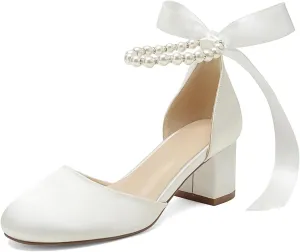 High Block Heel Wedding Closed Toe Sandals for Bride Pearl Bow Ankle Strap Women Chunky Heels Sandal Round Toe Satin Bridal Shoes
