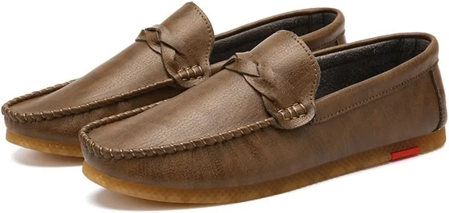 HOOENG Driving Moccasins for Men Vegan Leather Stitching Details Round Toe Rubber Sole Penny Loafer Resistant Anti-Slip Flat Heel Walking Slip On (Color : Brown, Size : 10)