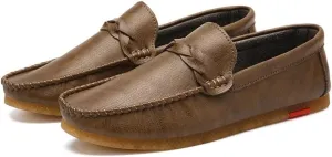 HOOENG Driving Moccasins for Men Vegan Leather Stitching Details Round Toe Rubber Sole Penny Loafer Resistant Anti-Slip Flat Heel Walking Slip On (Color : Brown, Size : 10)
