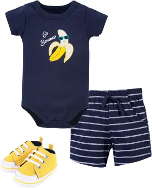 Hudson Baby Unisex Baby Cotton Bodysuit, Shorts and Shoe Set