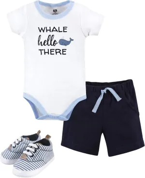 Hudson Baby Unisex Baby Cotton Bodysuit, Shorts and Shoe Set