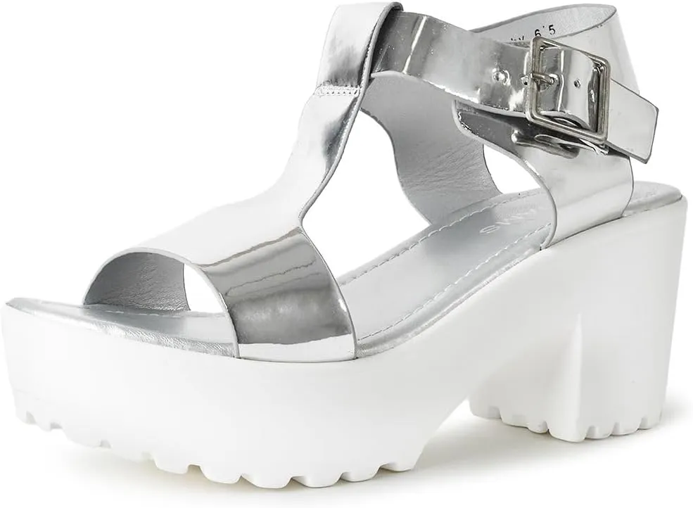 J. Adams Corby Platform Sandals Heeled Sandals for Womens - T-Strap Chunky Mid Heel Sandal Wedges for Women - Women's Footwear Platform Shoes - Summer Shoes for Women