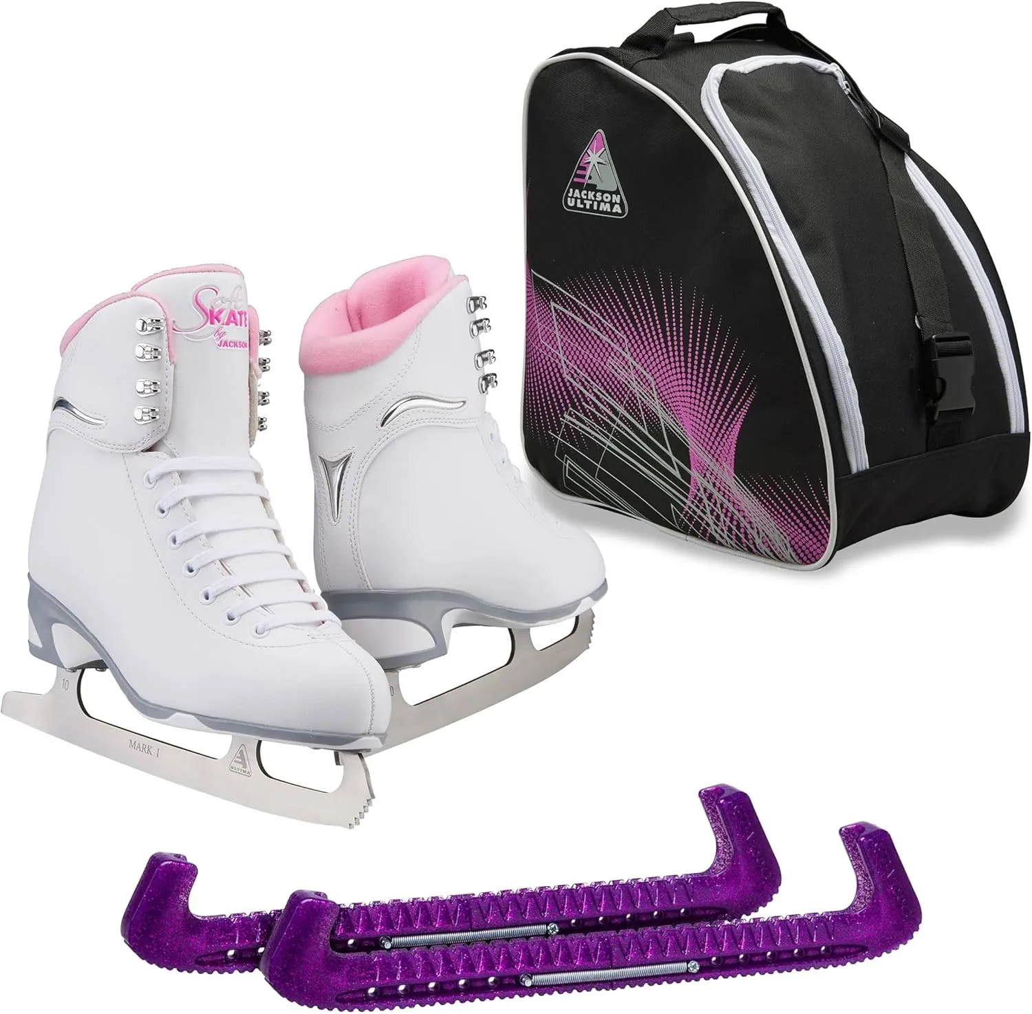 Jackson Ultima Finesse JS180 Figure Ice Skates for Women Bundle with Guardog Skate Guards, Jackson Skate Bag JL350 / Skates Color: Pink/Width: Medium/Size: Adult 5