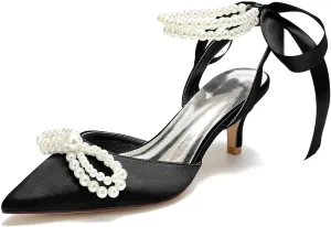 Kitten Heel Wedding Sandals Closed Toe Low Block Heels Pearl Ankle Strap with Bow Women Satin Heeled Sandal