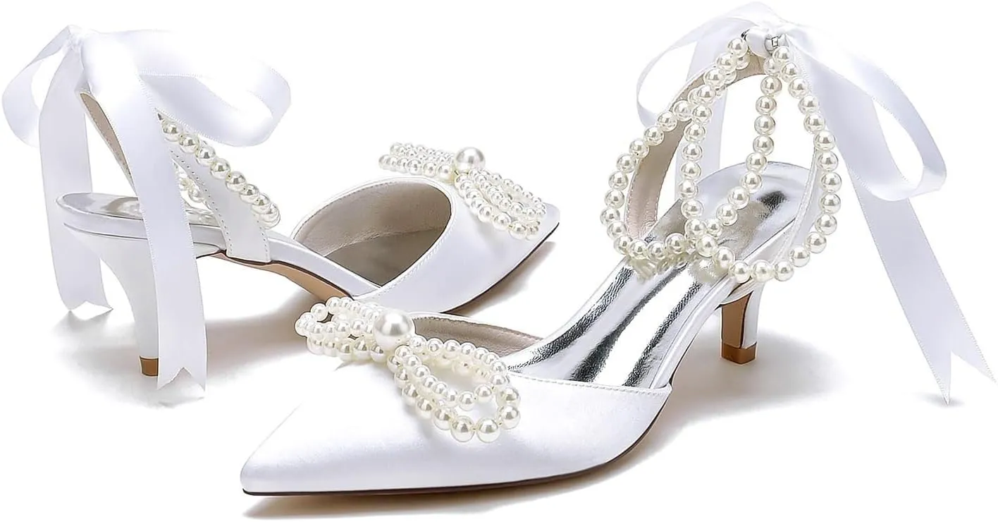 Kitten Heel Wedding Sandals Closed Toe Low Block Heels Pearl Ankle Strap with Bow Women Satin Heeled Sandal