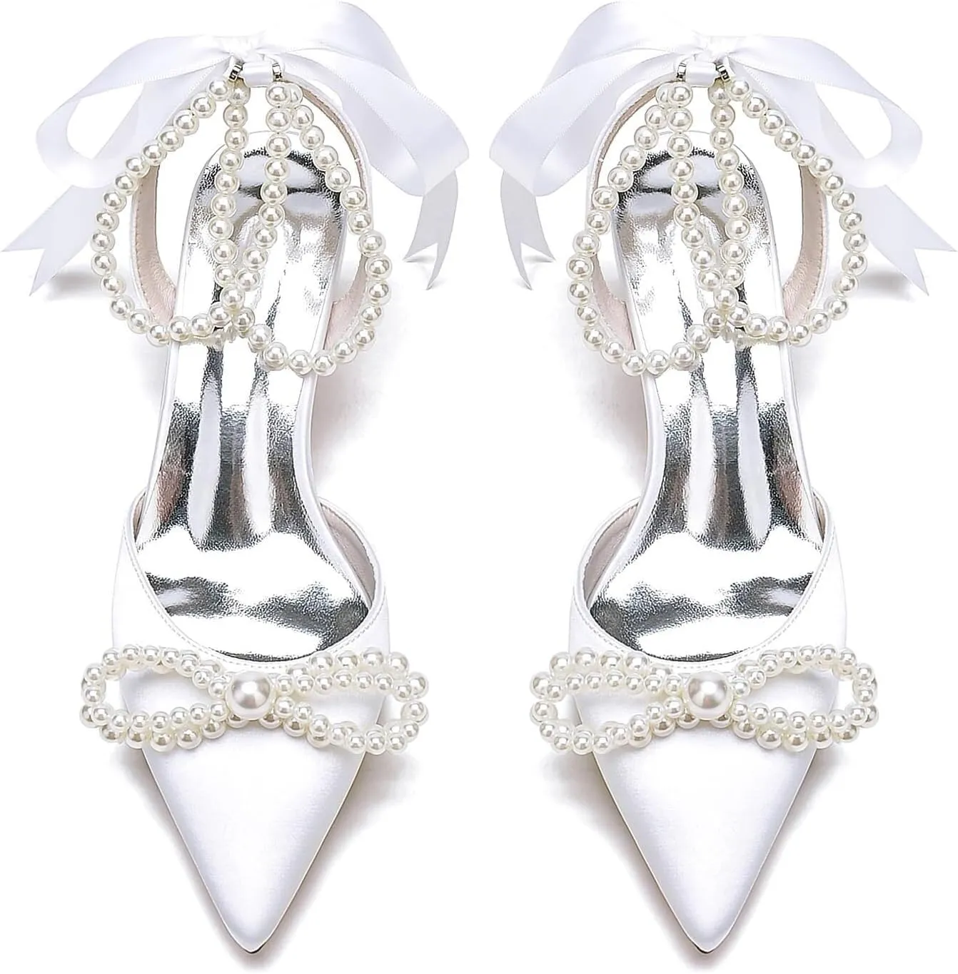 Kitten Heel Wedding Sandals Closed Toe Low Block Heels Pearl Ankle Strap with Bow Women Satin Heeled Sandal