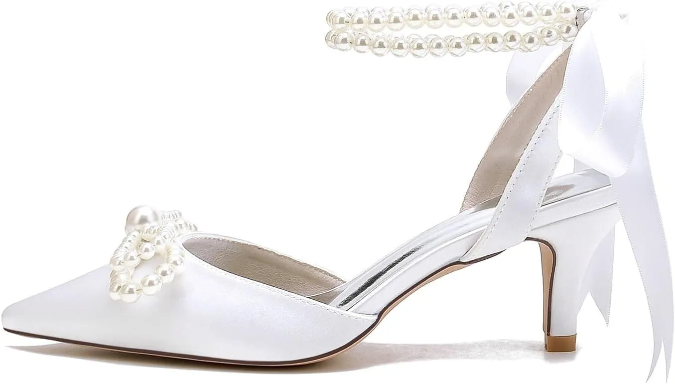 Kitten Heel Wedding Sandals Closed Toe Low Block Heels Pearl Ankle Strap with Bow Women Satin Heeled Sandal