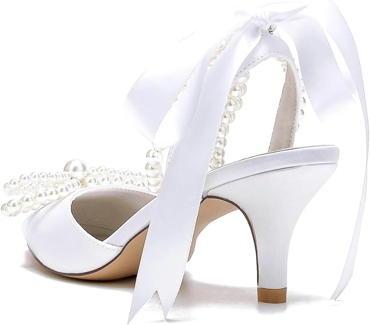 Kitten Heel Wedding Sandals Closed Toe Low Block Heels Pearl Ankle Strap with Bow Women Satin Heeled Sandal