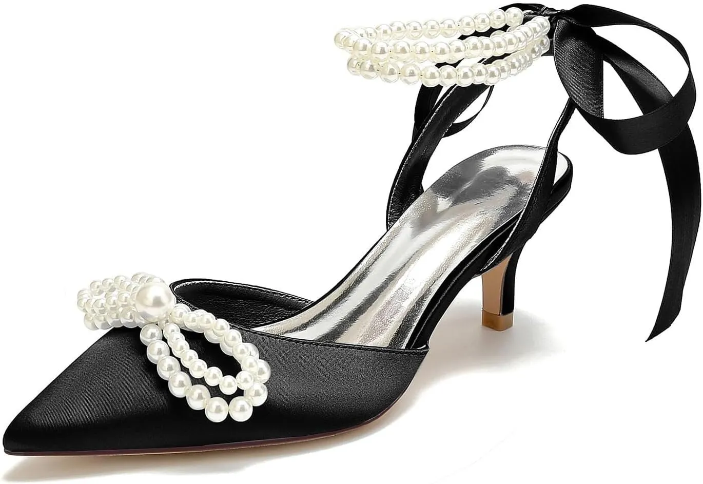 Kitten Heel Wedding Sandals Closed Toe Low Block Heels Pearl Ankle Strap with Bow Women Satin Heeled Sandal
