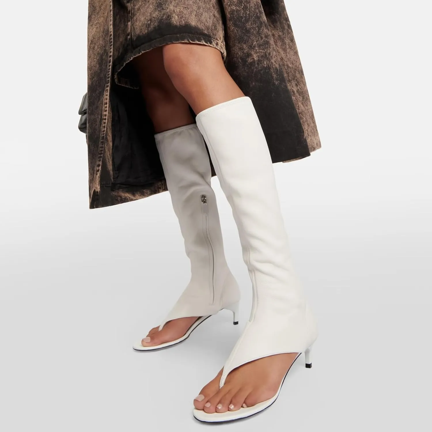 Kluolandi Women's Thong Style Open Toe Knee High Boots with Zipper Stretch Kitten Low Heel Tall Sandal Boots