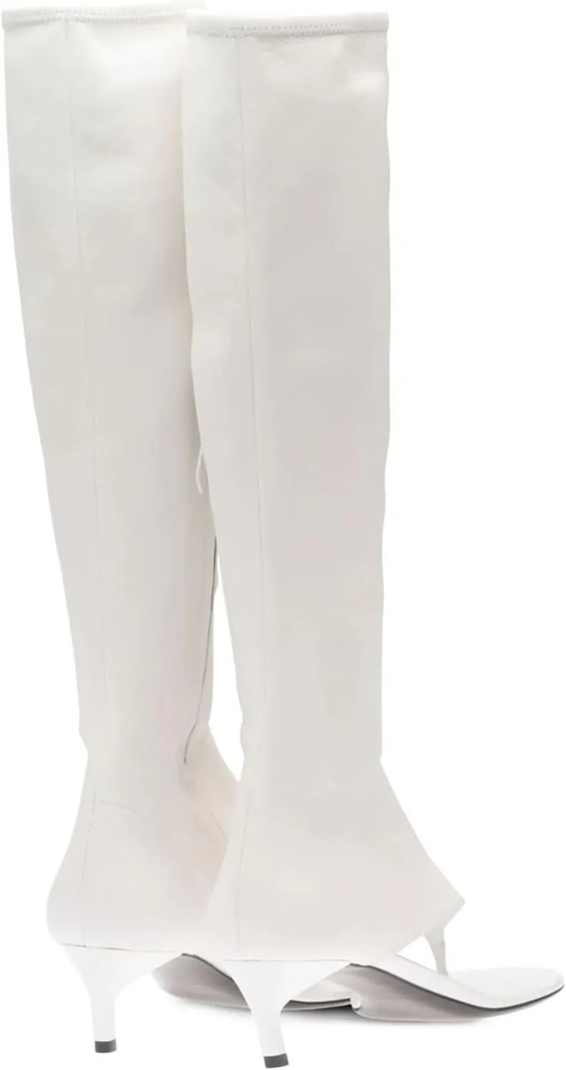 Kluolandi Women's Thong Style Open Toe Knee High Boots with Zipper Stretch Kitten Low Heel Tall Sandal Boots