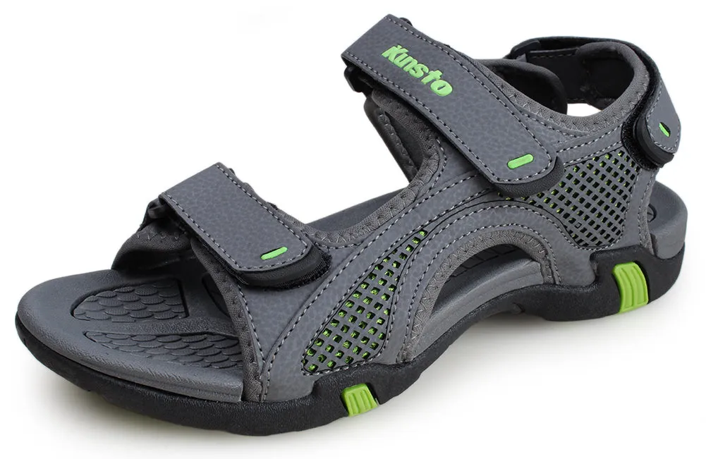 Kunsto Men's Synthetic Leather Sports Sandal Open Toe Hook and Loop Adjustable Straps TPR Outsole Slip Resistant