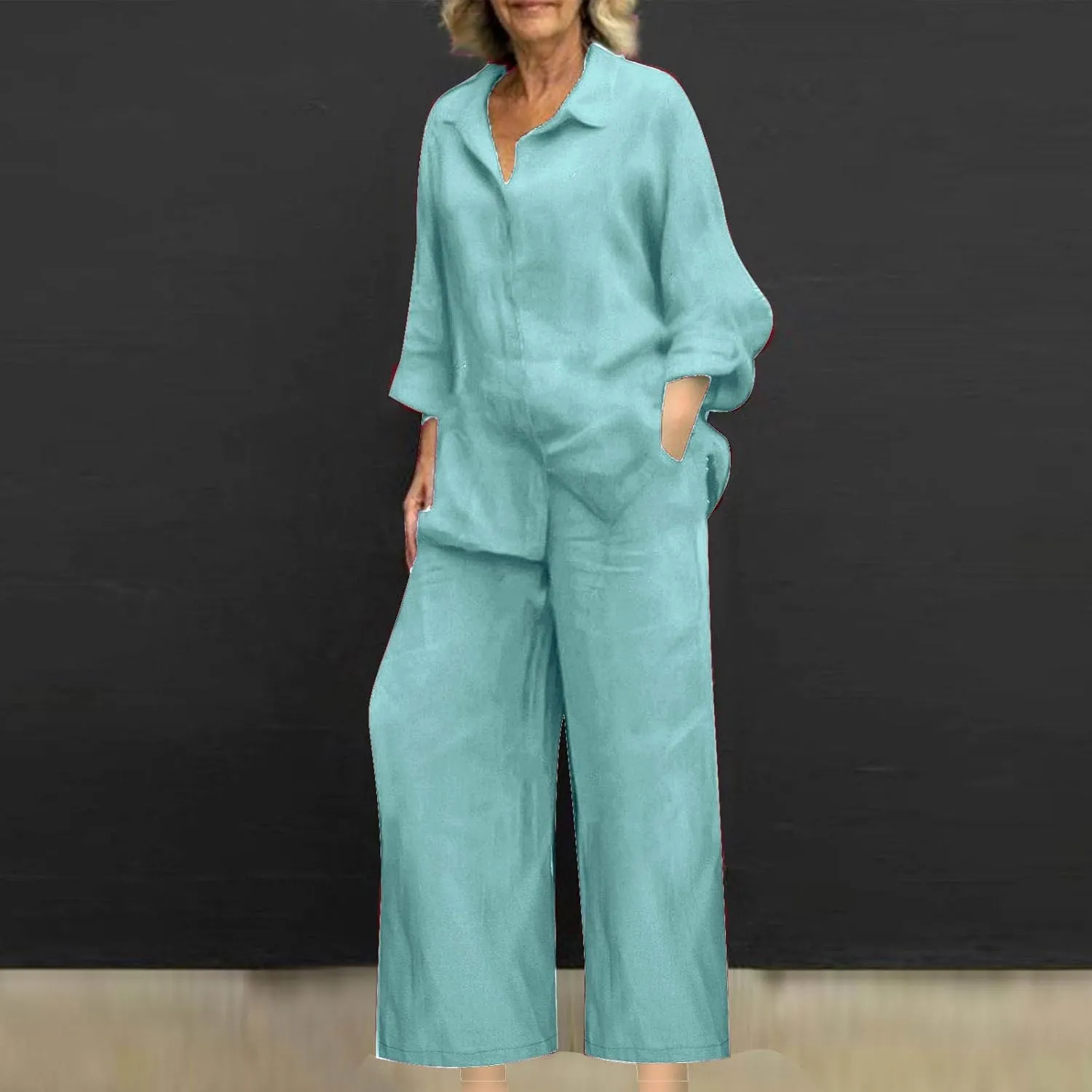 Linen 2 Piece Sets For Women Summer 2024 Loose Long Sleeve Shirts Wide Leg Pant Matching Set Plus Size Vacation Outfits