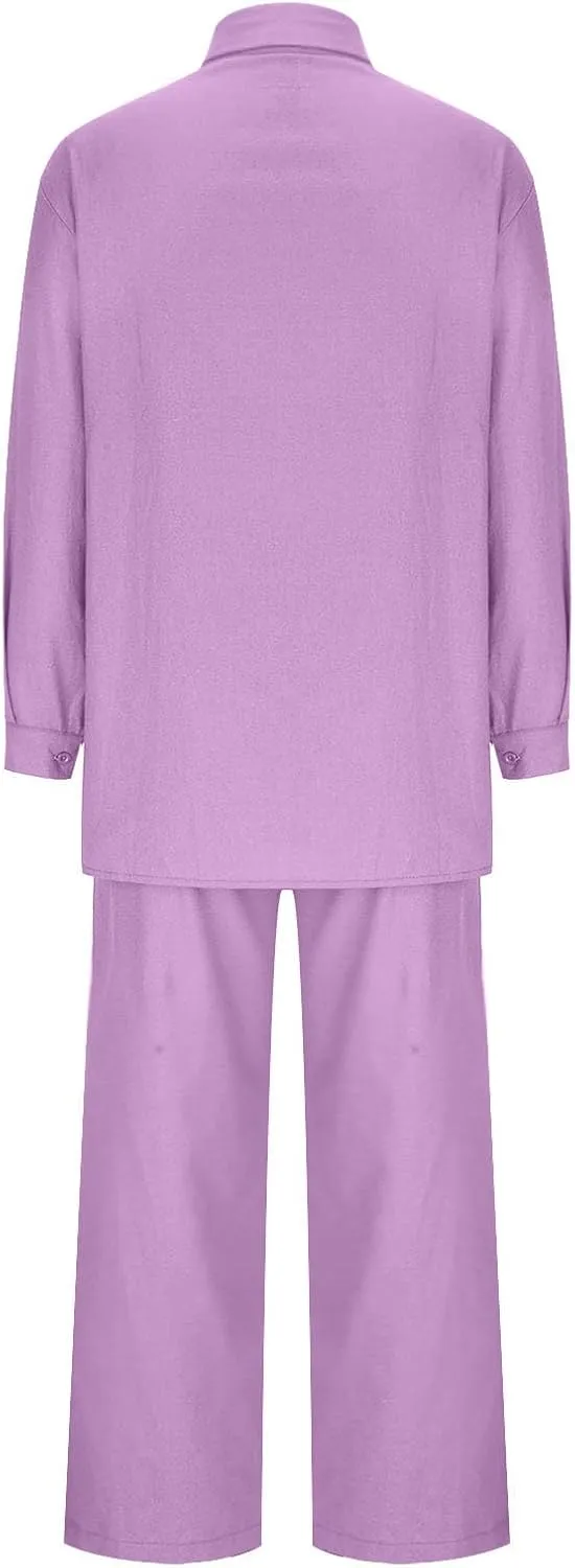 Linen 2 Piece Sets For Women Summer 2024 Loose Long Sleeve Shirts Wide Leg Pant Matching Set Plus Size Vacation Outfits