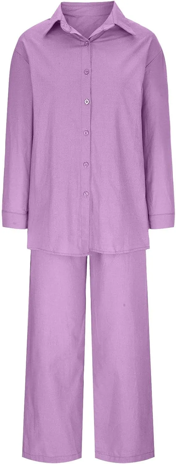 Linen 2 Piece Sets For Women Summer 2024 Loose Long Sleeve Shirts Wide Leg Pant Matching Set Plus Size Vacation Outfits