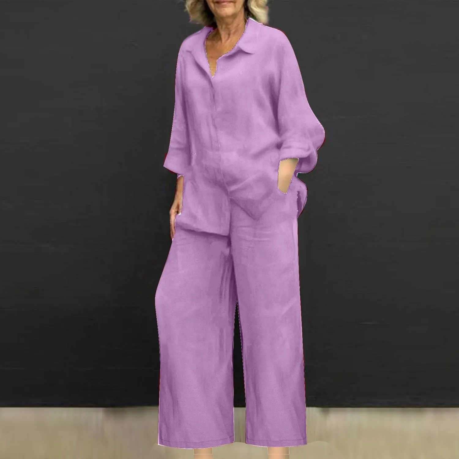 Linen 2 Piece Sets For Women Summer 2024 Loose Long Sleeve Shirts Wide Leg Pant Matching Set Plus Size Vacation Outfits