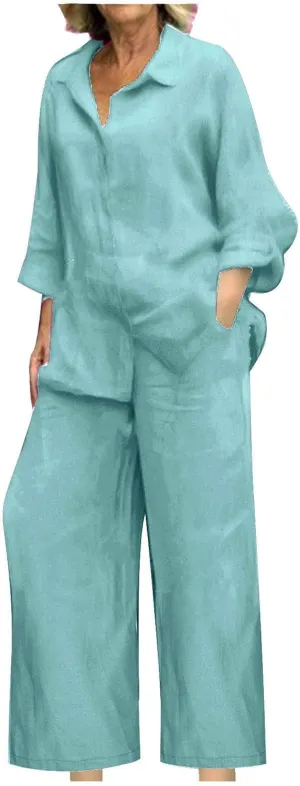 Linen 2 Piece Sets For Women Summer 2024 Loose Long Sleeve Shirts Wide Leg Pant Matching Set Plus Size Vacation Outfits
