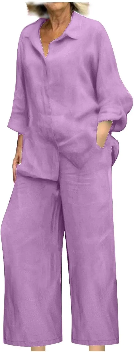 Linen 2 Piece Sets For Women Summer 2024 Loose Long Sleeve Shirts Wide Leg Pant Matching Set Plus Size Vacation Outfits