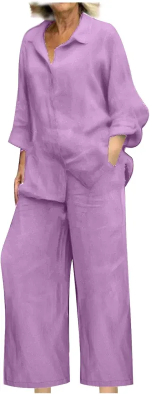 Linen 2 Piece Sets For Women Summer 2024 Loose Long Sleeve Shirts Wide Leg Pant Matching Set Plus Size Vacation Outfits