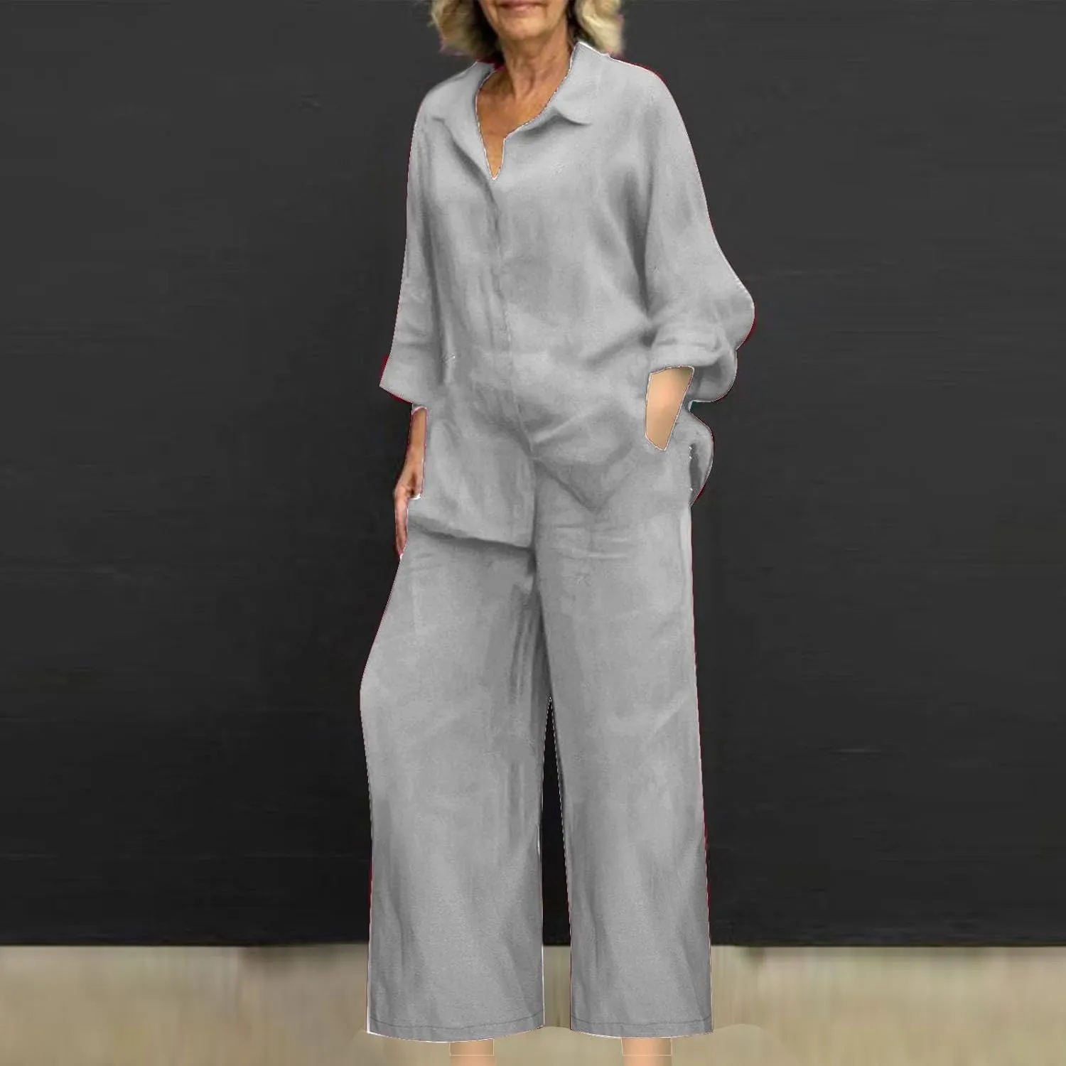 Linen 2 Piece Sets For Women Summer 2024 Loose Long Sleeve Shirts Wide Leg Pant Matching Set Plus Size Vacation Outfits
