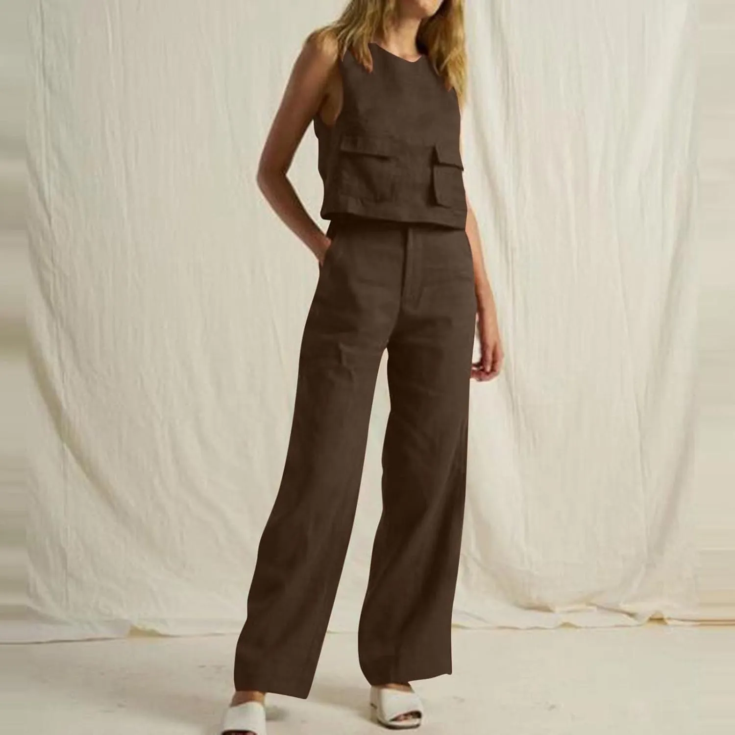 Linen 2 Piece Sets For Women Summer Beach Vacation Outfits 2024 Sleeveless Crop Top Long Pants Tracksuits Matching Set