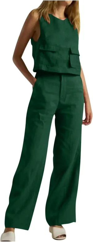 Linen 2 Piece Sets For Women Summer Beach Vacation Outfits 2024 Sleeveless Crop Top Long Pants Tracksuits Matching Set