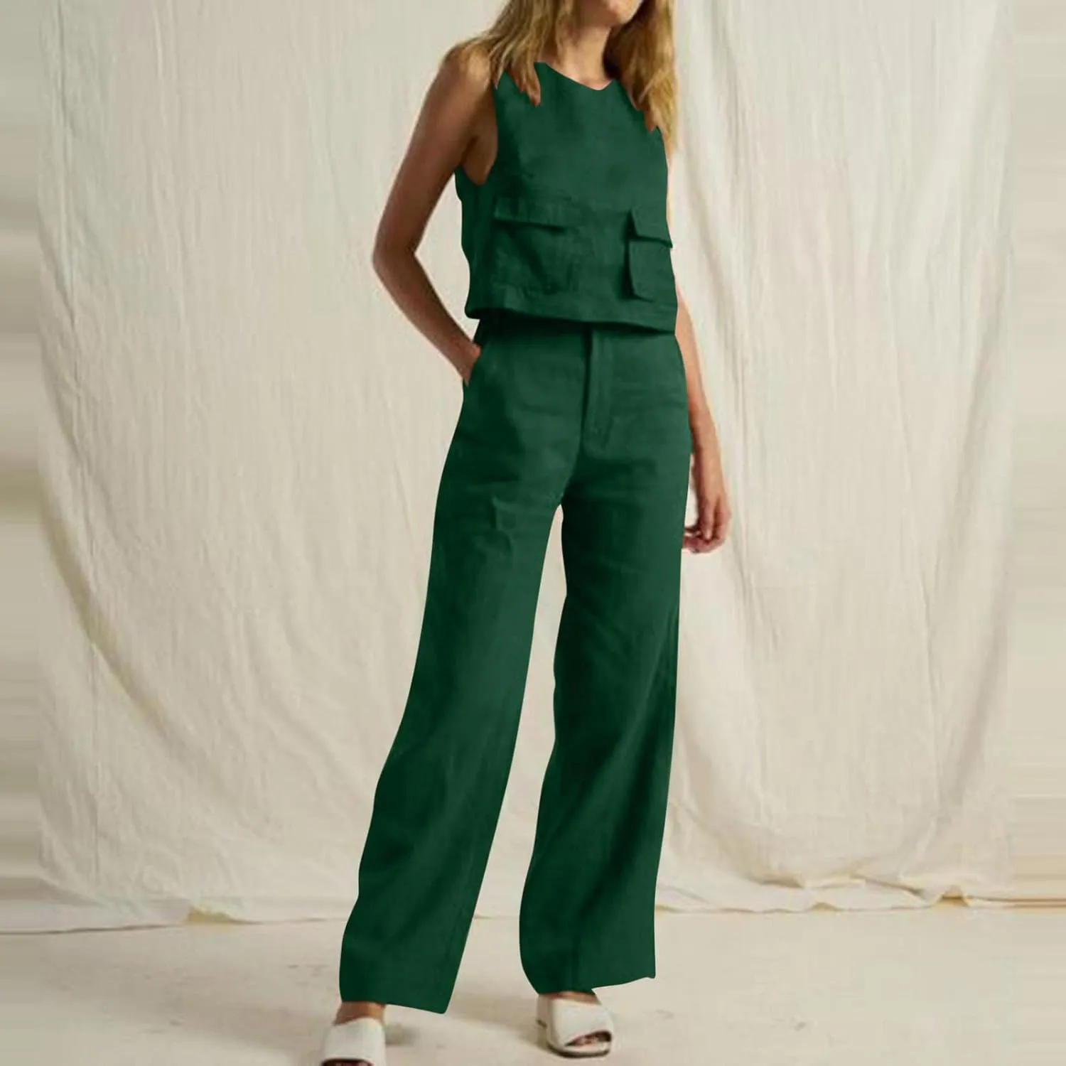 Linen 2 Piece Sets For Women Summer Beach Vacation Outfits 2024 Sleeveless Crop Top Long Pants Tracksuits Matching Set