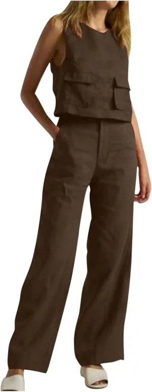 Linen 2 Piece Sets For Women Summer Beach Vacation Outfits 2024 Sleeveless Crop Top Long Pants Tracksuits Matching Set