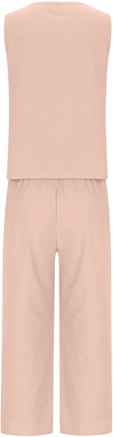 Linen Tops And Wide Leg Capri Pants Set For Women Plus Size Summer Vacation Outfits 2 Piece Matching Lounge Sets